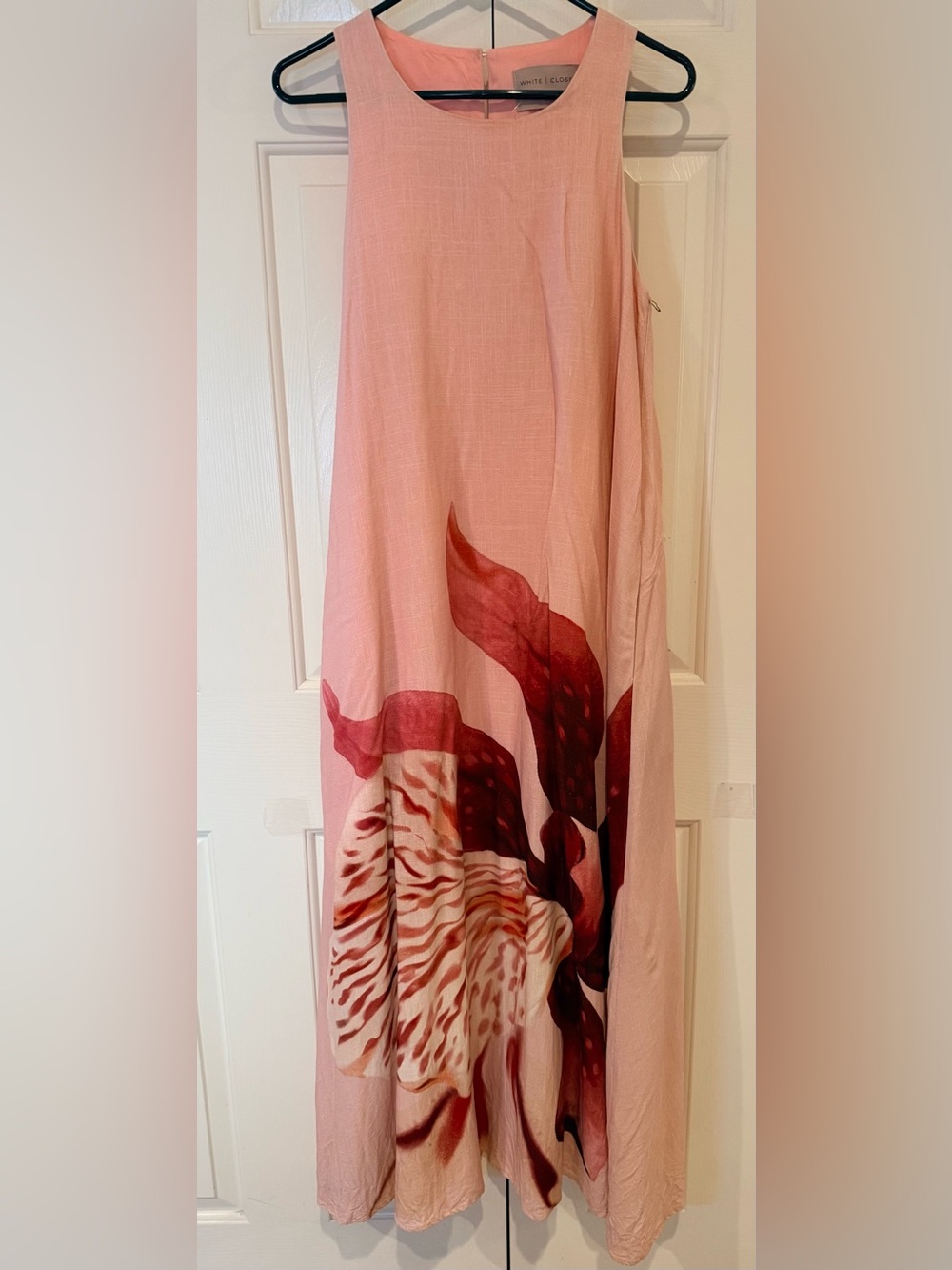 White Closet Elements Sleeveless Pink Floral Maxi Lined Dress Linen Rayon Blend